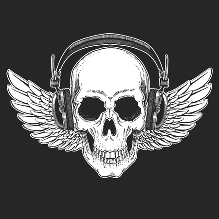Rock music festival. Cool print for poster, banner, t-shirt. Skull wearing headphones with electric guitar. Heavy metal party. Rock-n-roll starのイラスト素材