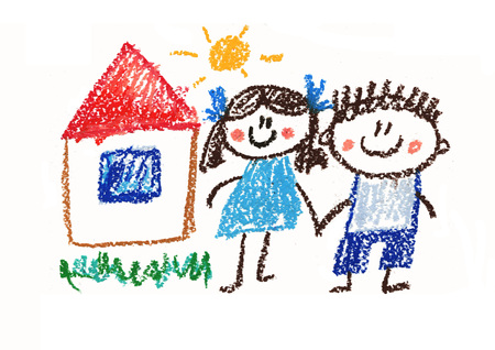 Happy boy and girl. Man and woman. Kids drawing style illustration. Crayon art. House, summer, sunの写真素材