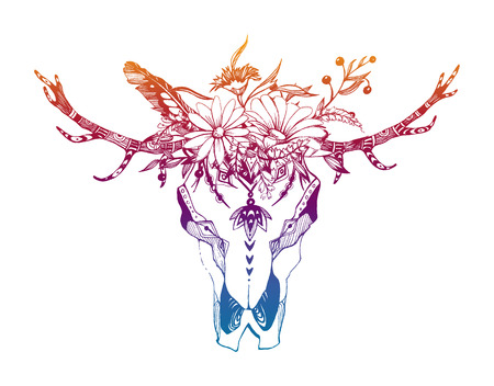 Tribal boho skull with flowers. Traditional ornament. Be wild and freeのイラスト素材