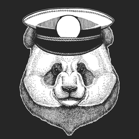 Vector print for children. Capitan, pirate animal. Brave sailor. Design for kindergarten, school kids clothing, t-shirts. Panda bear. Bamboo bear.のイラスト素材