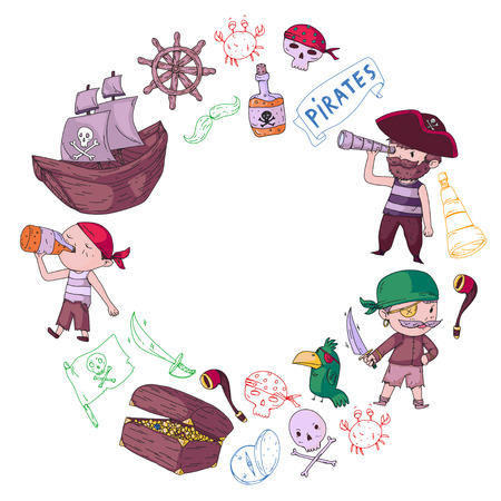 Pirate party for little children. Kindergarten background. Sea and ocean adventures. Ship and pirates, treasure islands.のイラスト素材