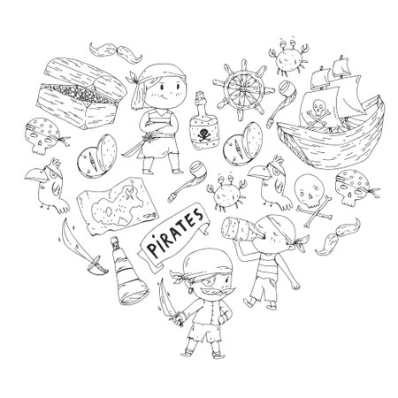Coloring book with pirates. Pirate sea party background for children, little kids. Travel and adventure.のイラスト素材