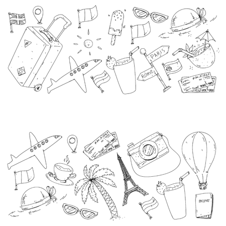 Vector pattern with travel icons. Get ready for adventures and travel. Great vacation, holidays. Hot air balloon, suitcase, airplaneのイラスト素材