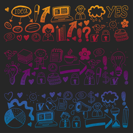 Social media and business icons. Patterns on black backgroud. Chalk illustration on blackboard. Management, teamworkのイラスト素材