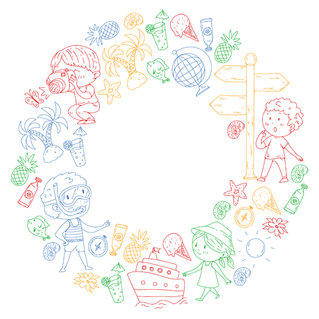 Happy children playing at seashore, beach, sea, ocean. Kids vacation and travelling. Swimming, doodle icons globe, cruise ship, cocktailsのイラスト素材