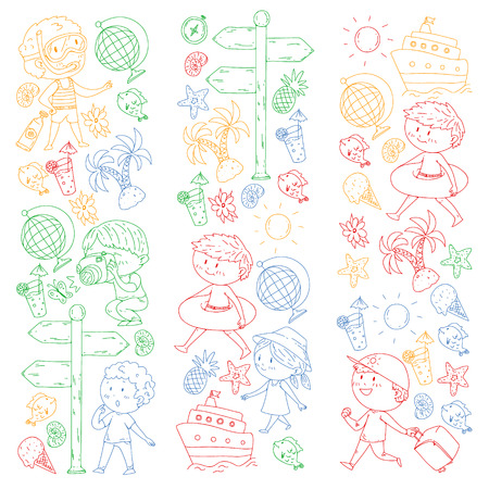 Happy children playing at seashore, beach, sea, ocean. Kids vacation and travelling. Swimming, doodle icons globe, cruise ship, cocktailsのイラスト素材