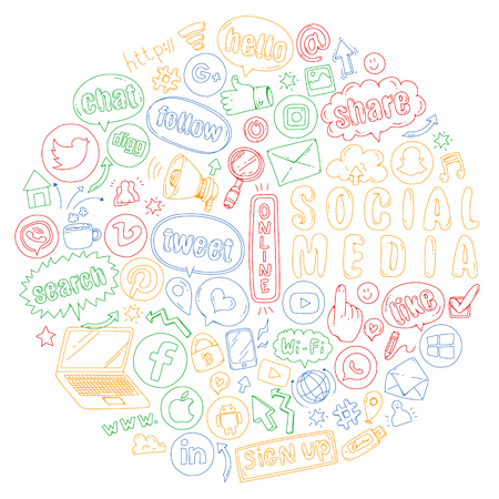 Social media and teamwork icons. Doodle images. Management, business infographicsのイラスト素材