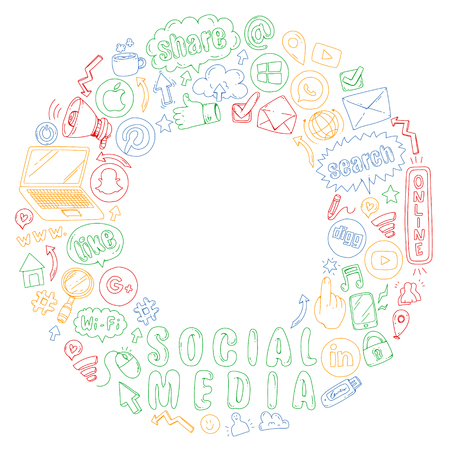 Social media and teamwork icons. Doodle images. Management, business infographicsのイラスト素材
