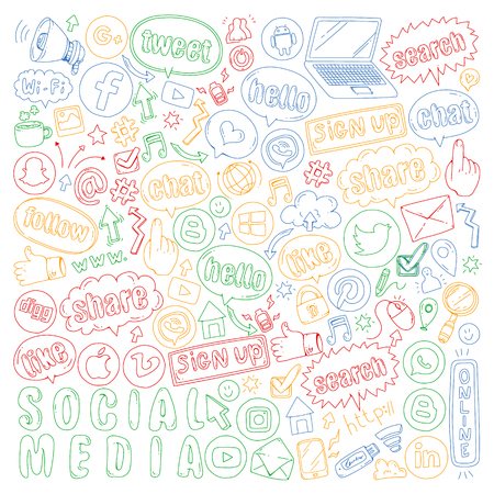 Social media and teamwork icons. Doodle images. Management, business infographicsのイラスト素材