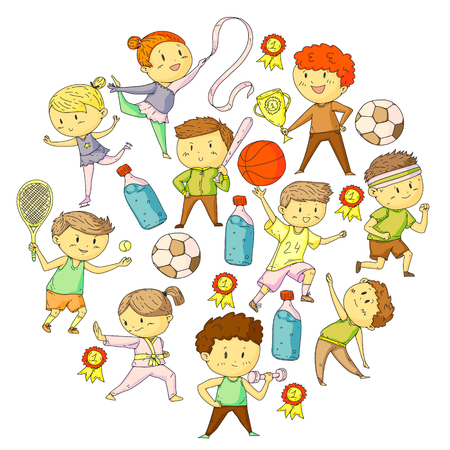 Children sport competitions. Young atheles playing soccer, football, baseball, basketball. Boys and girls running. Images of rhythic gymnastics, figure skatingのイラスト素材