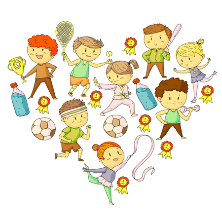 Children sport competitions. Young atheles playing soccer, football, baseball, basketball. Boys and girls running. Images of rhythic gymnastics, figure skatingのイラスト素材
