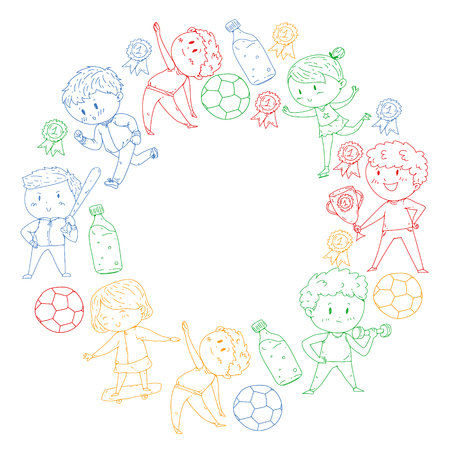 Children sport competitions. Young atheles playing soccer, football, baseball, basketball. Boys and girls running. Images of rhythic gymnastics, figure skatingのイラスト素材
