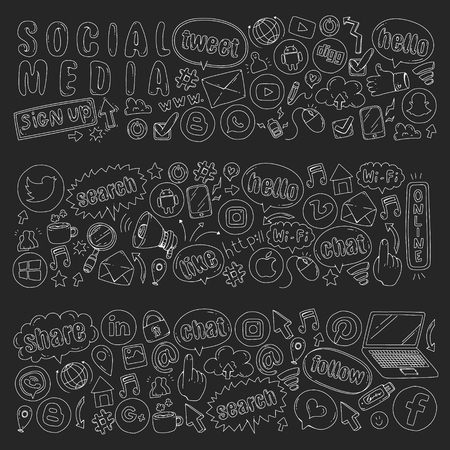 Social media and business icons. Patterns on black backgroud. Chalk illustration on blackboard. Management, teamwork.のイラスト素材