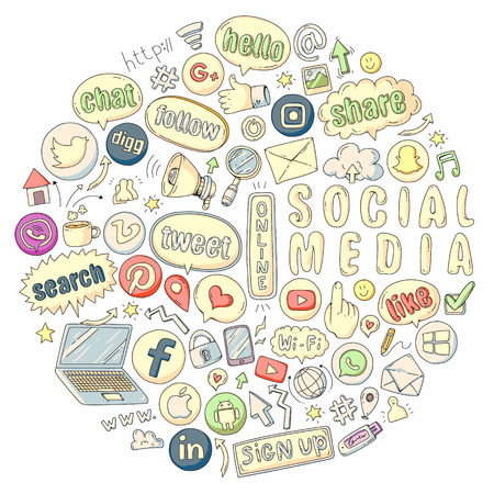 Social media and teamwork icons. Patterns on black background. Chalk illustration on blackboard. Management, businessのイラスト素材
