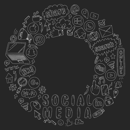 Social media and business icons. Patterns on black backgroud. Chalk illustration on blackboard. Management, teamwork.のイラスト素材