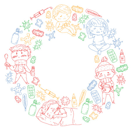 Children medical center. Healthcare illustration. Doodle icons with small kids, infection, fever, cold, virus illnessのイラスト素材