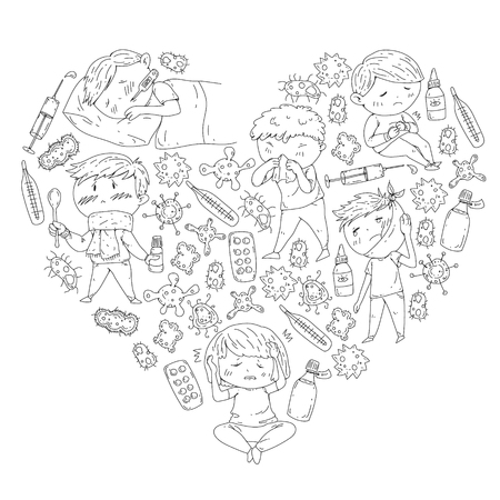 Children medical center. Healthcare illustration. Doodle icons with small kids, infection, fever, cold, virus illnessのイラスト素材