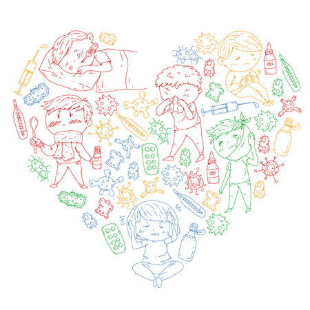 Children medical center. Healthcare illustration. Doodle icons with small kids, infection, fever, cold, virus illnessのイラスト素材