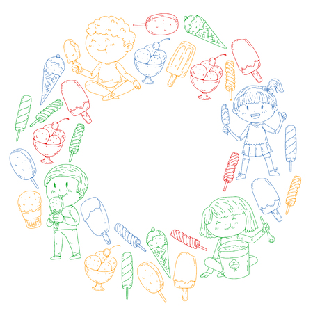 Small children eating ice cream. Sweet strawberry candy. Tasty vanilla, orange, kiwi dessertのイラスト素材