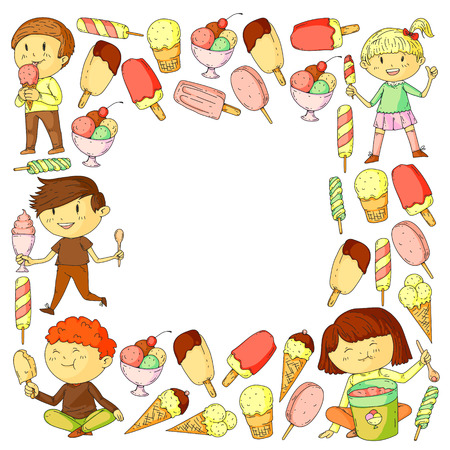 Small children eating ice cream. Sweet strawberry candy for kids. Tasty vanilla, orange, kiwi dessertのイラスト素材