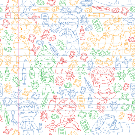Children medical center. Healthcare illustration. Doodle icons with small kids, infection, fever, cold, virus illnessのイラスト素材