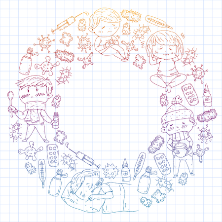 Children medical center. Healthcare illustration. Doodle icons with small kids, infection, fever, cold, virus illnessのイラスト素材