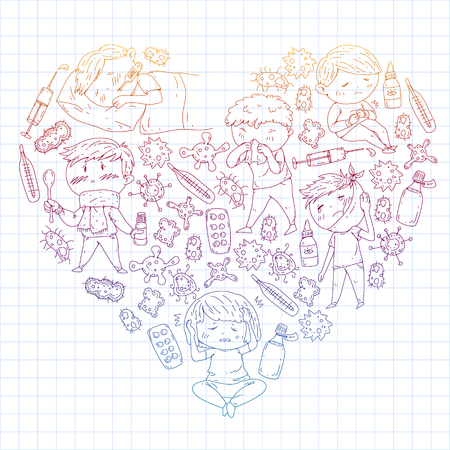 Children medical center. Healthcare illustration. Doodle icons with small kids, infection, fever, cold, virus illnessのイラスト素材