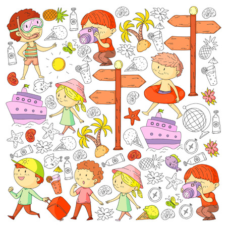Happy children playing at seashore, beach, sea, ocean. Kids vacation and travelling. Swimming, doodle icons globe, cruise ship, cocktailのイラスト素材