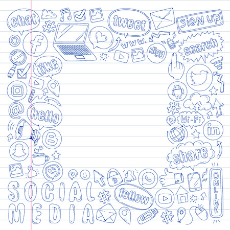 Social media and teamwork icons. Doodle images. Management, business infographicのイラスト素材