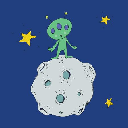 Cartoon space for children. Moon, stars, planet, asteroid, astrounaut alien, ufo Adventure travel exploration around universeのイラスト素材