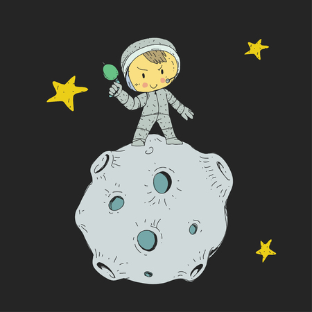 Cartoon space for children. Moon, stars, planet, asteroid, astrounaut, rocket spaceship alien ufo Adventure travel exploration around universeのイラスト素材