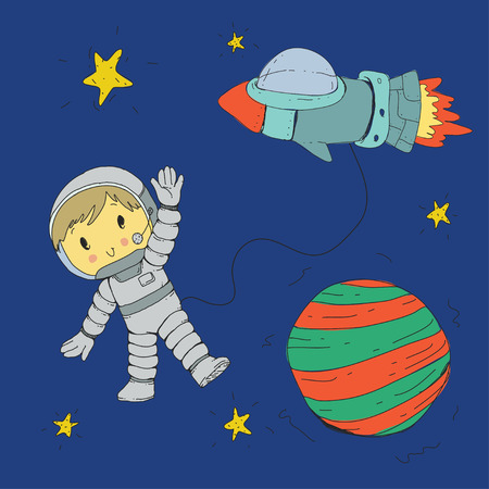 Cartoon space for children. Moon, stars, planet, asteroid, astrounaut, rocket spaceship alien ufo Adventure travel exploration around universeのイラスト素材