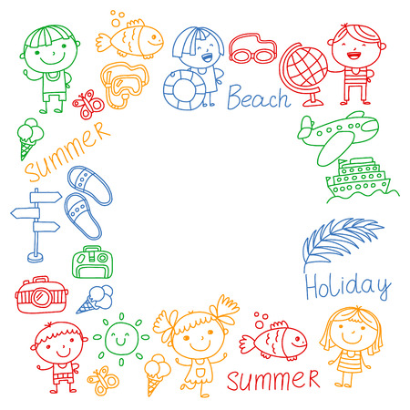 Vector pattern with children icons. Summer vacation at seashore, sea, ocean, beach. Small kids having funのイラスト素材