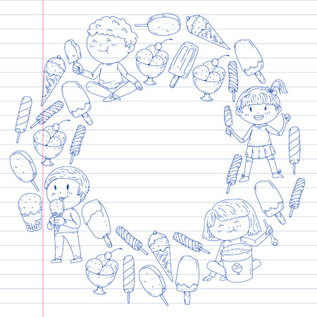 Small children eating ice cream. Sweet strawberry candy for kids. Tasty vanilla, orange, kiwi dessertのイラスト素材