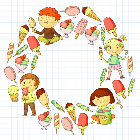 Small children eating ice cream. Sweet strawberry candy for kids. Tasty vanilla, orange, kiwi dessertのイラスト素材