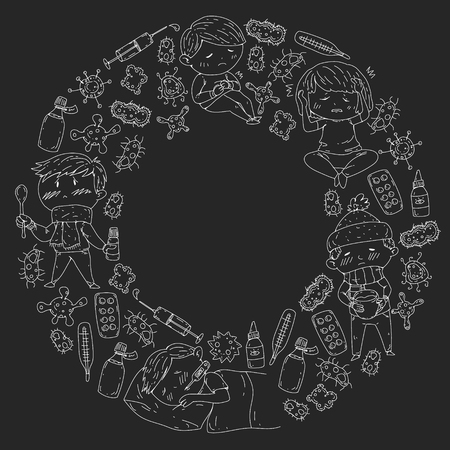 Children medical center. Healthcare illustration. Doodle icons with small kids, infection, fever, cold, virus illnessのイラスト素材