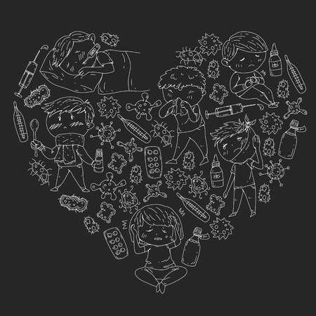Children medical center. Healthcare illustration. Doodle icons with small kids, infection, fever, cold, virus illnessのイラスト素材