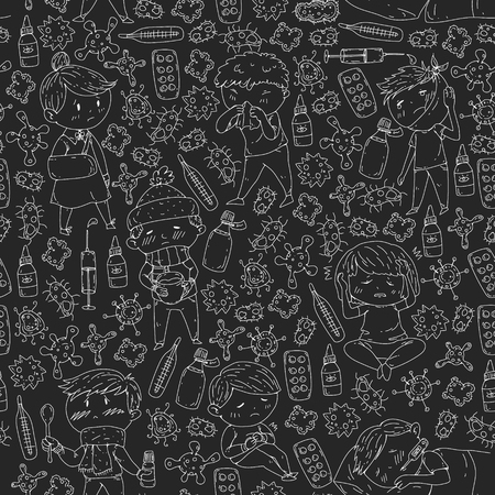 Children medical center. Healthcare illustration. Doodle icons with small kids, infection, fever, cold, virus illnessのイラスト素材