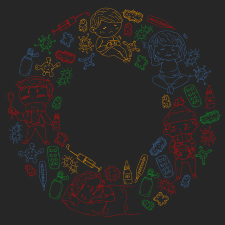 Children medical center. Healthcare illustration. Doodle icons with small kids, infection, fever, cold, virus illnessのイラスト素材