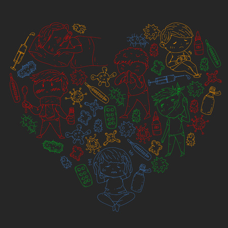 Children medical center. Healthcare illustration. Doodle icons with small kids, infection, fever, cold, virus illnessのイラスト素材