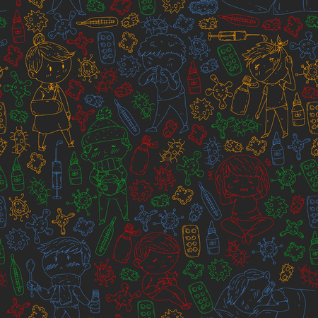 Children medical center. Healthcare illustration. Doodle icons with small kids, infection, fever, cold, virus illnessのイラスト素材