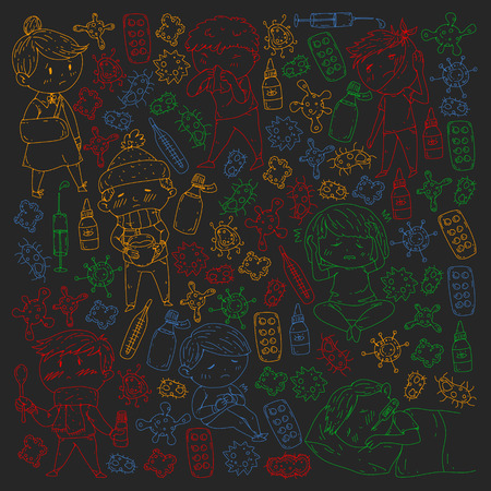 Children medical center. Healthcare illustration. Doodle icons with small kids, infection, fever, cold, virus illnessのイラスト素材