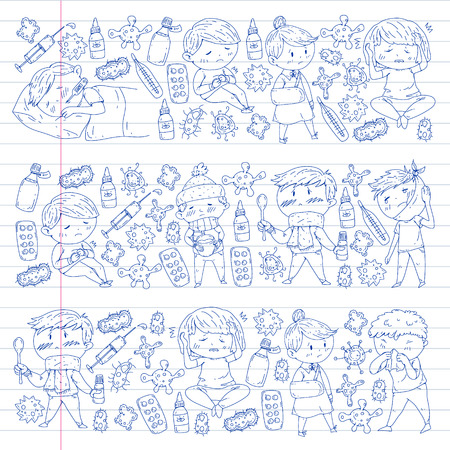 Children medical center. Healthcare illustration. Doodle icons with small kids, infection, fever, cold, virus illnessのイラスト素材