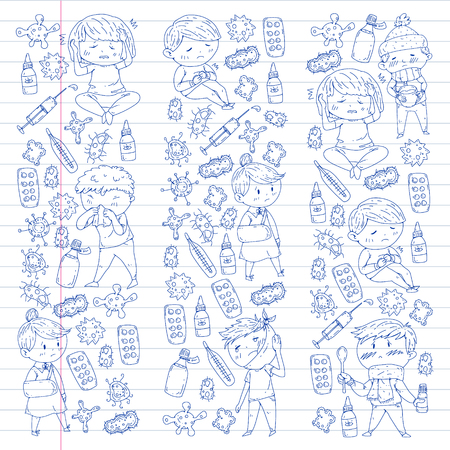 Children medical center. Healthcare illustration. Doodle icons with small kids, infection, fever, cold, virus illnessのイラスト素材