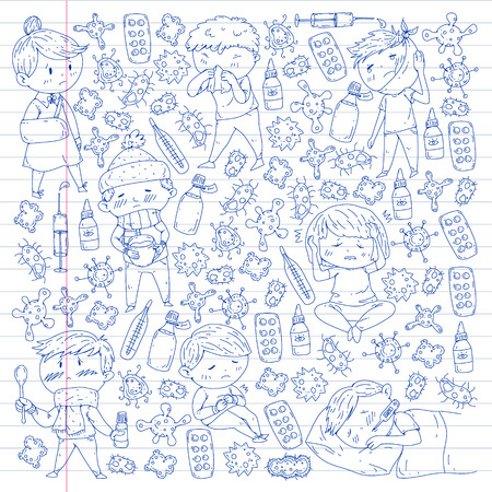 Children medical center. Healthcare illustration. Doodle icons with small kids, infection, fever, cold, virus illnessのイラスト素材