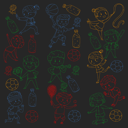 Children sport competitions. Young atheles playing soccer, football, baseball, basketball. Boys and girls running. Images of rhythic gymnastics, figure skatingのイラスト素材