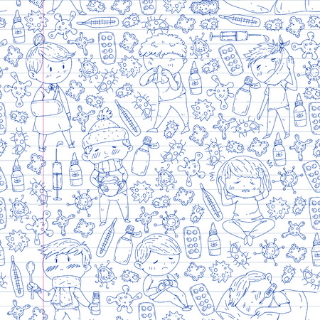 Children medical center. Healthcare illustration. Doodle icons with small kids, infection, fever, cold, virus illnessのイラスト素材
