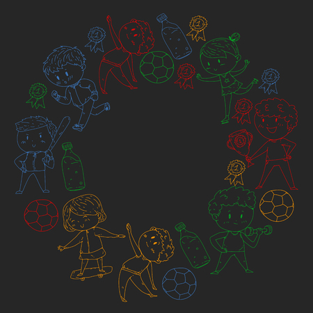 Children sport competitions. Young atheles playing soccer, football, baseball, basketball. Boys and girls running. Images of rhythic gymnastics, figure skatingのイラスト素材