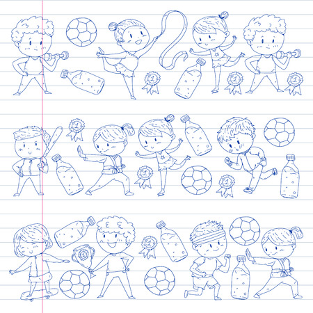 Children sport competitions. Young atheles playing soccer, football, baseball, basketball. Boys and girls running. Images of rhythic gymnastics, figure skatingのイラスト素材