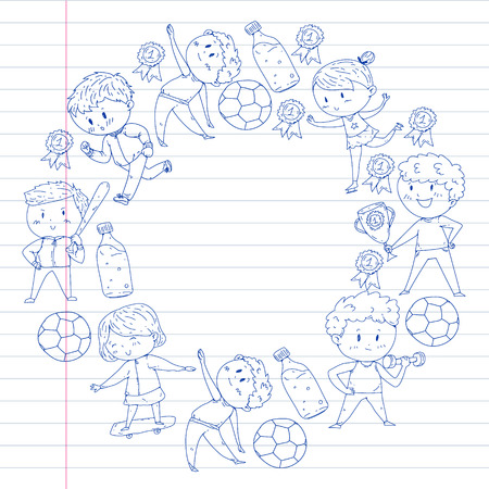 Children sport competitions. Young atheles playing soccer, football, baseball, basketball. Boys and girls running. Images of rhythic gymnastics, figure skatingのイラスト素材